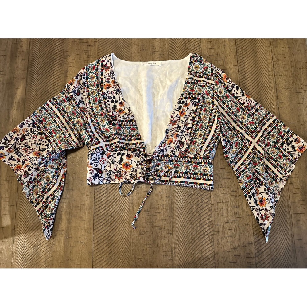 Honey Belle Boho Floral Lace-Up‎ Crop Top | Bell Sleeve | Size Small